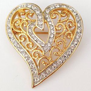 Gold filigree heart brooch with clear crystals
